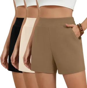 3 Pack Women's Casual Linen Shorts Comfy Elastic Waist Summer Lightweight Wide Leg Shorts with Pockets