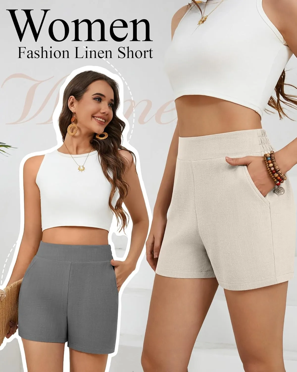 3 Pack Women's Casual Linen Shorts Comfy Elastic Waist Summer Lightweight Wide Leg Shorts with Pockets