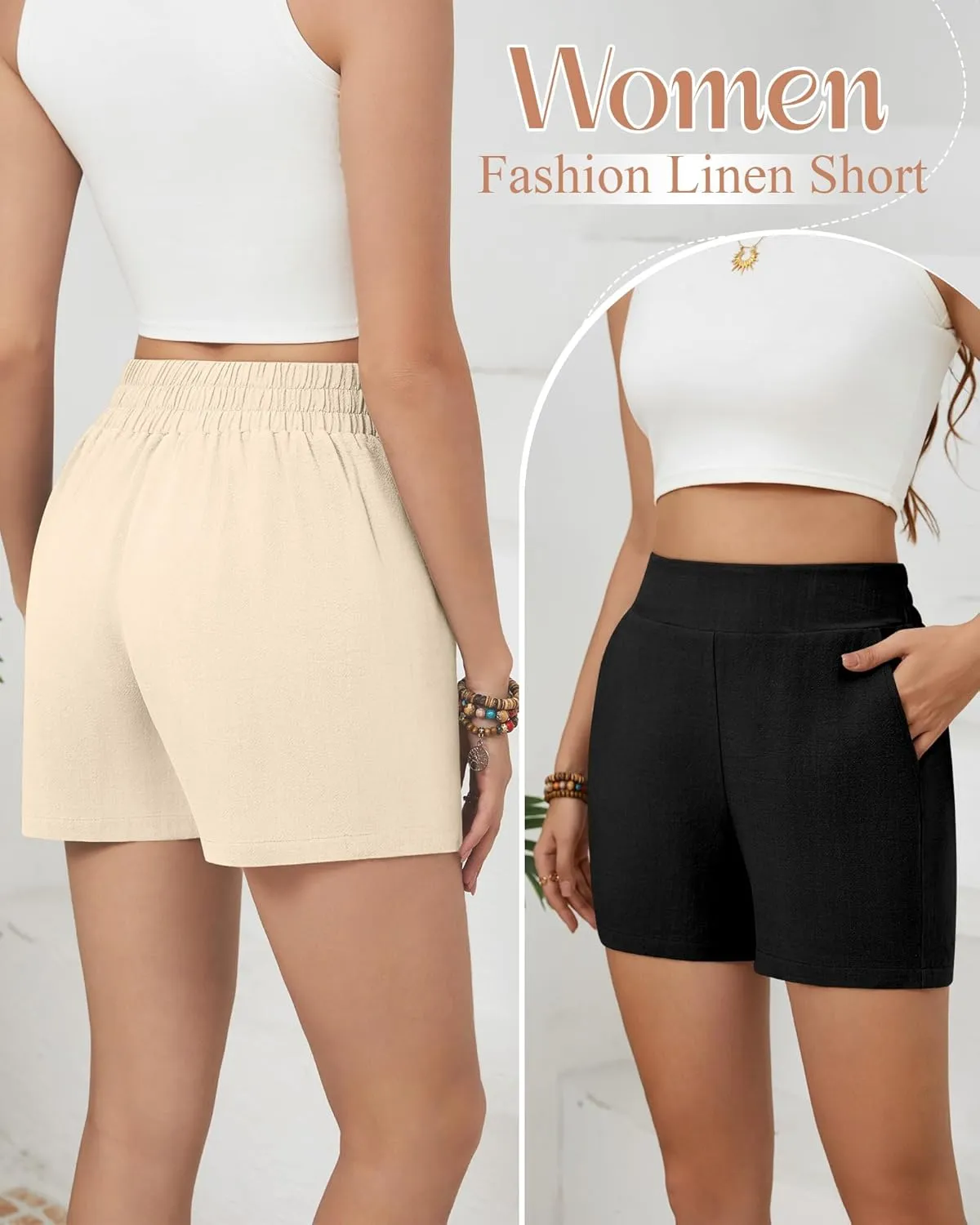 3 Pack Women's Casual Linen Shorts Comfy Elastic Waist Summer Lightweight Wide Leg Shorts with Pockets