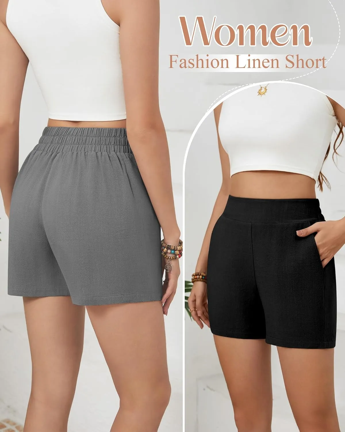 3 Pack Women's Casual Linen Shorts Comfy Elastic Waist Summer Lightweight Wide Leg Shorts with Pockets