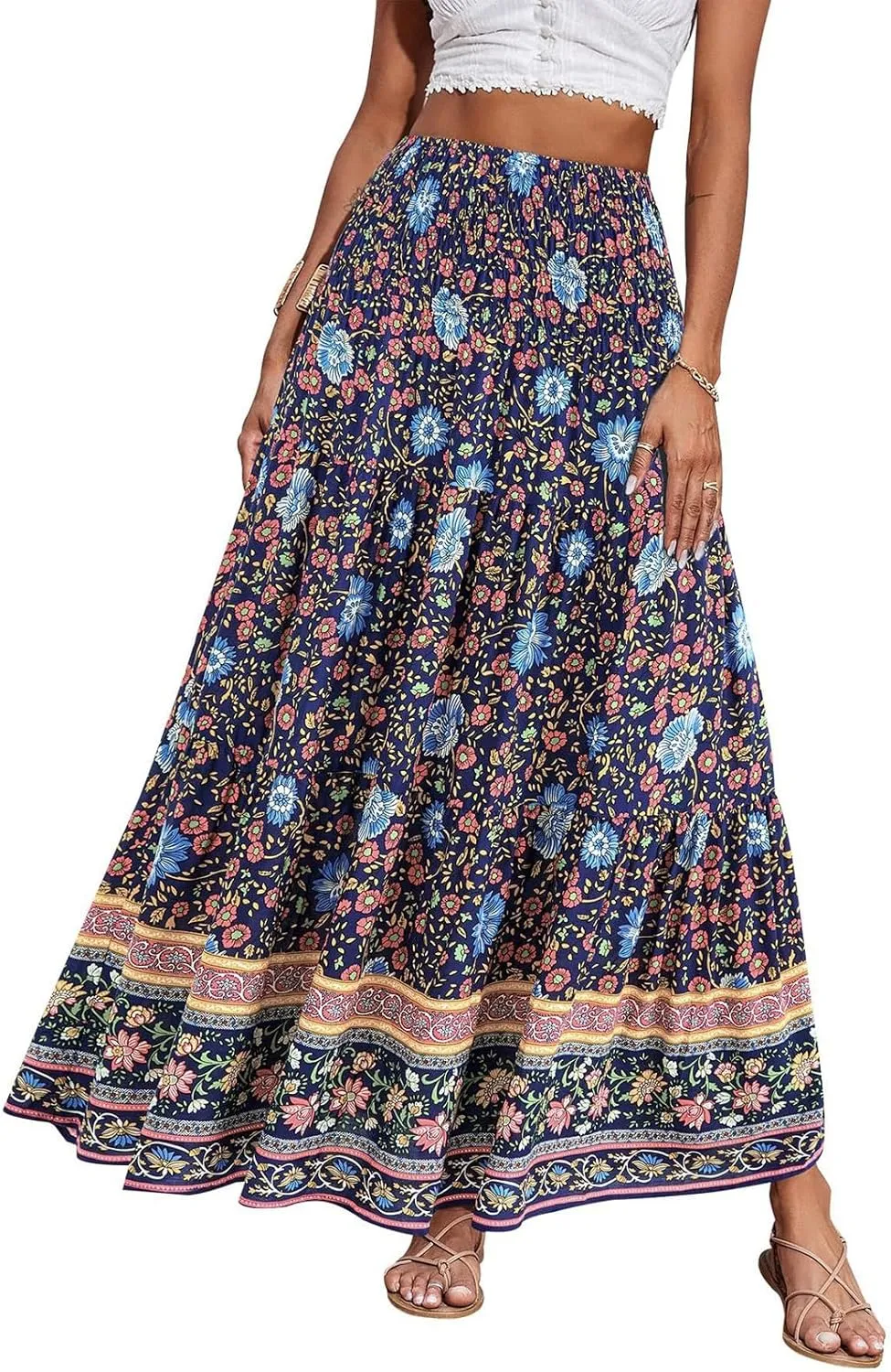 A Line Maxi Dress for Women Summer Drawstring Elastic High Waisted Skirts Elegant 3-Layer Tiered Ruched Long Skirt