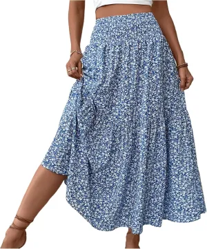 ADHOWBEW Floral Skirts for Women Summer High Waist Floral Print Beach Cotton African Bohemian Casual Trendy Skirts