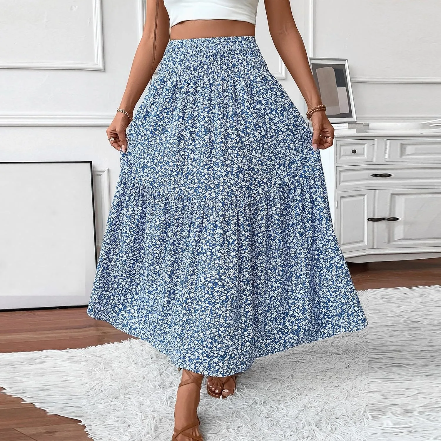 ADHOWBEW Floral Skirts for Women Summer High Waist Floral Print Beach Cotton African Bohemian Casual Trendy Skirts