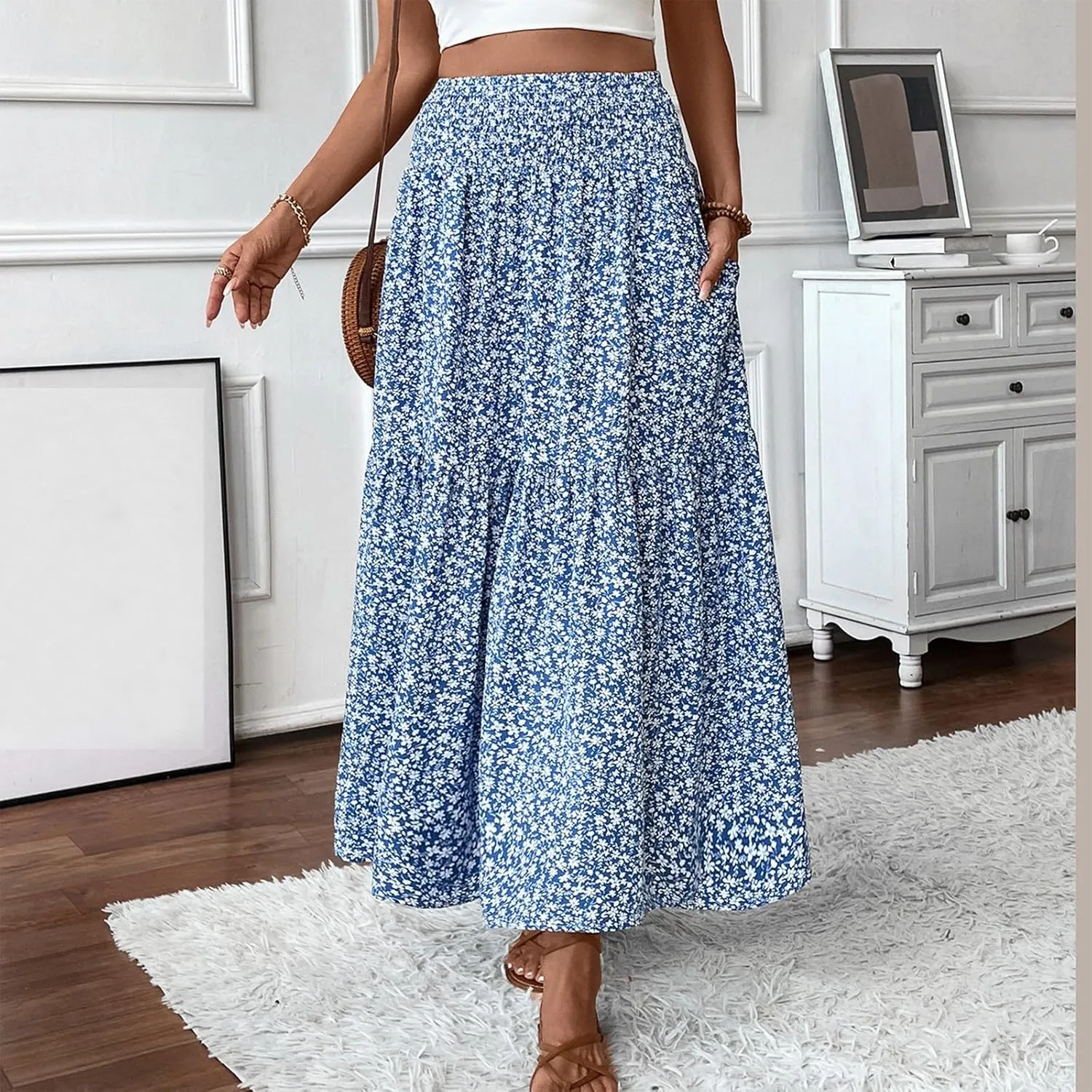 ADHOWBEW Floral Skirts for Women Summer High Waist Floral Print Beach Cotton African Bohemian Casual Trendy Skirts