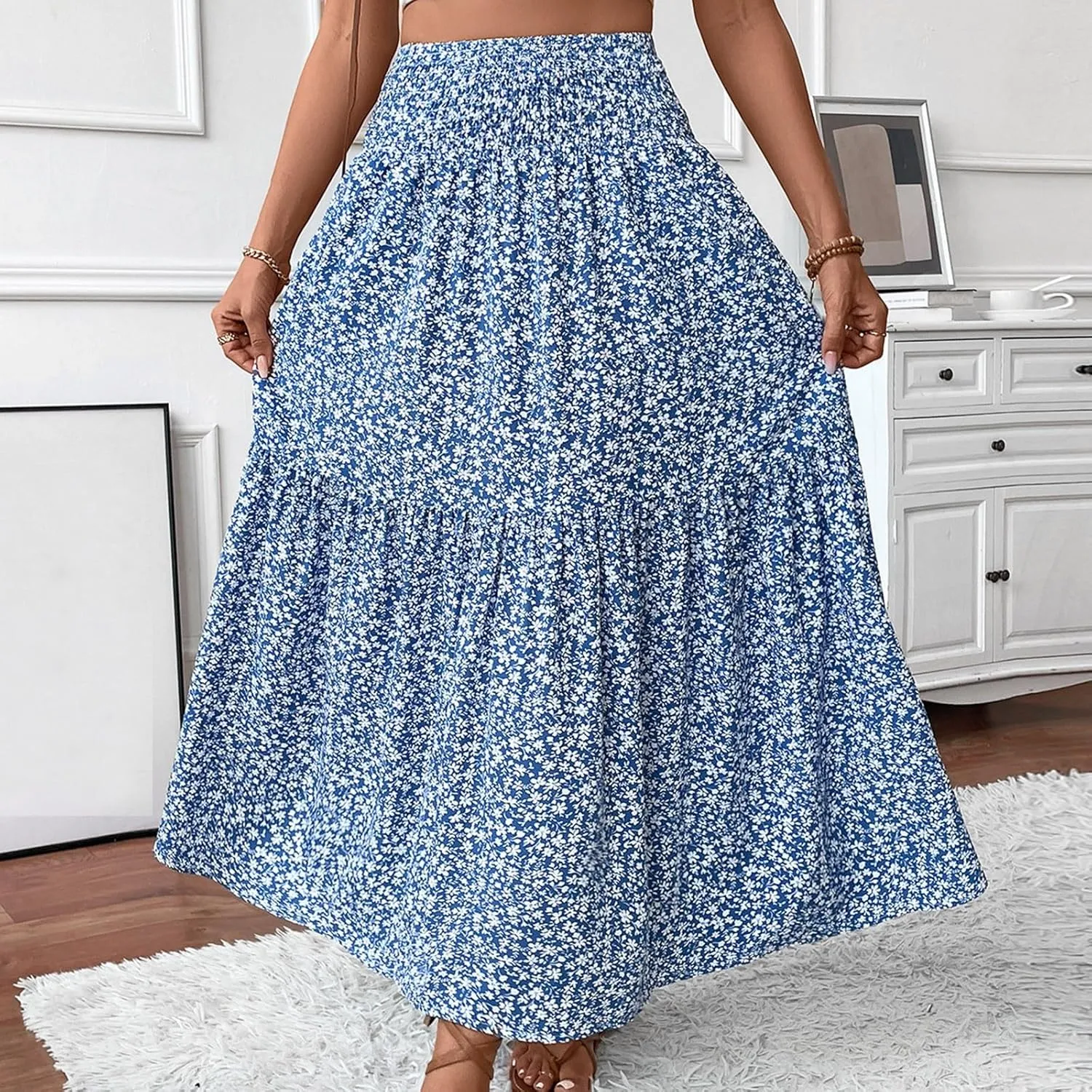 ADHOWBEW Floral Skirts for Women Summer High Waist Floral Print Beach Cotton African Bohemian Casual Trendy Skirts