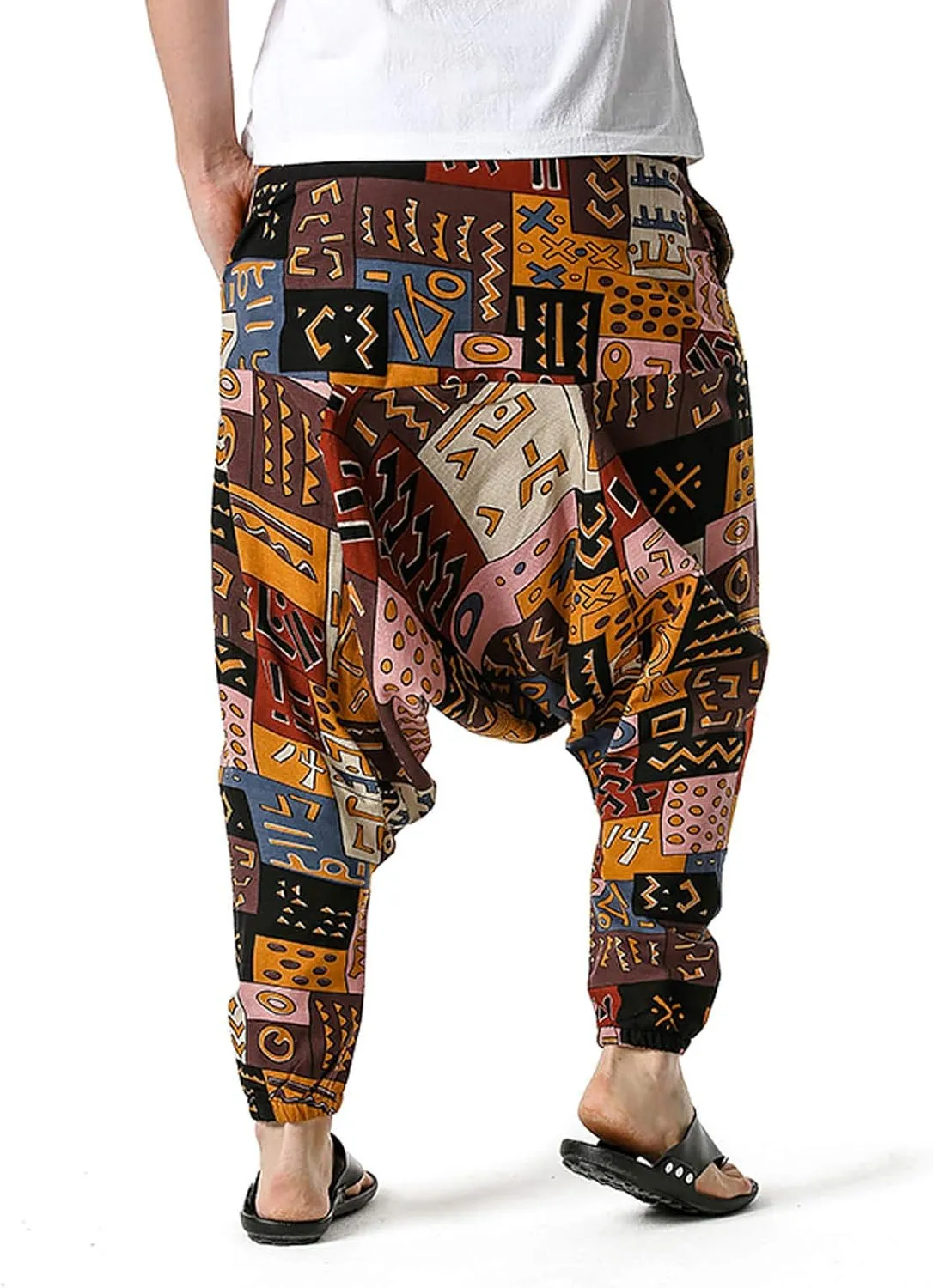 Alalaso Men's Linen Harem Pants Casual Elastic Waist Drawstring Drop Crotch Trouser Aladdin Hippie Summer Beach Yoga Pants