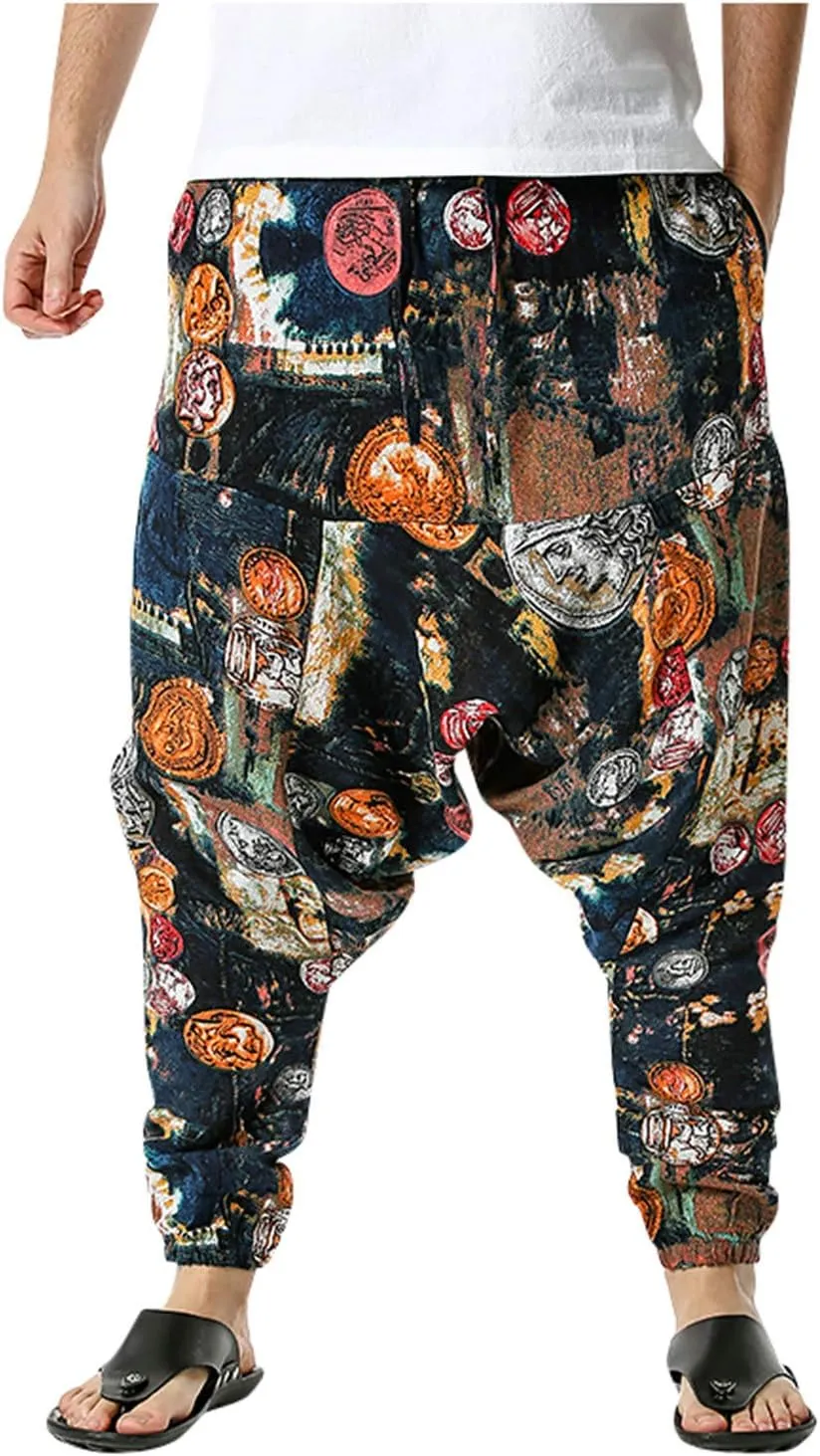 Alalaso Men's Linen Harem Pants Casual Elastic Waist Drawstring Drop Crotch Trouser Aladdin Hippie Summer Beach Yoga Pants