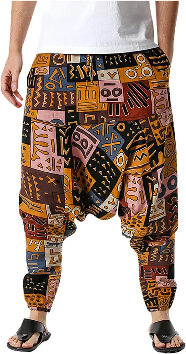 Alalaso Men's Linen Harem Pants Casual Elastic Waist Drawstring Drop Crotch Trouser Aladdin Hippie Summer Beach Yoga Pants