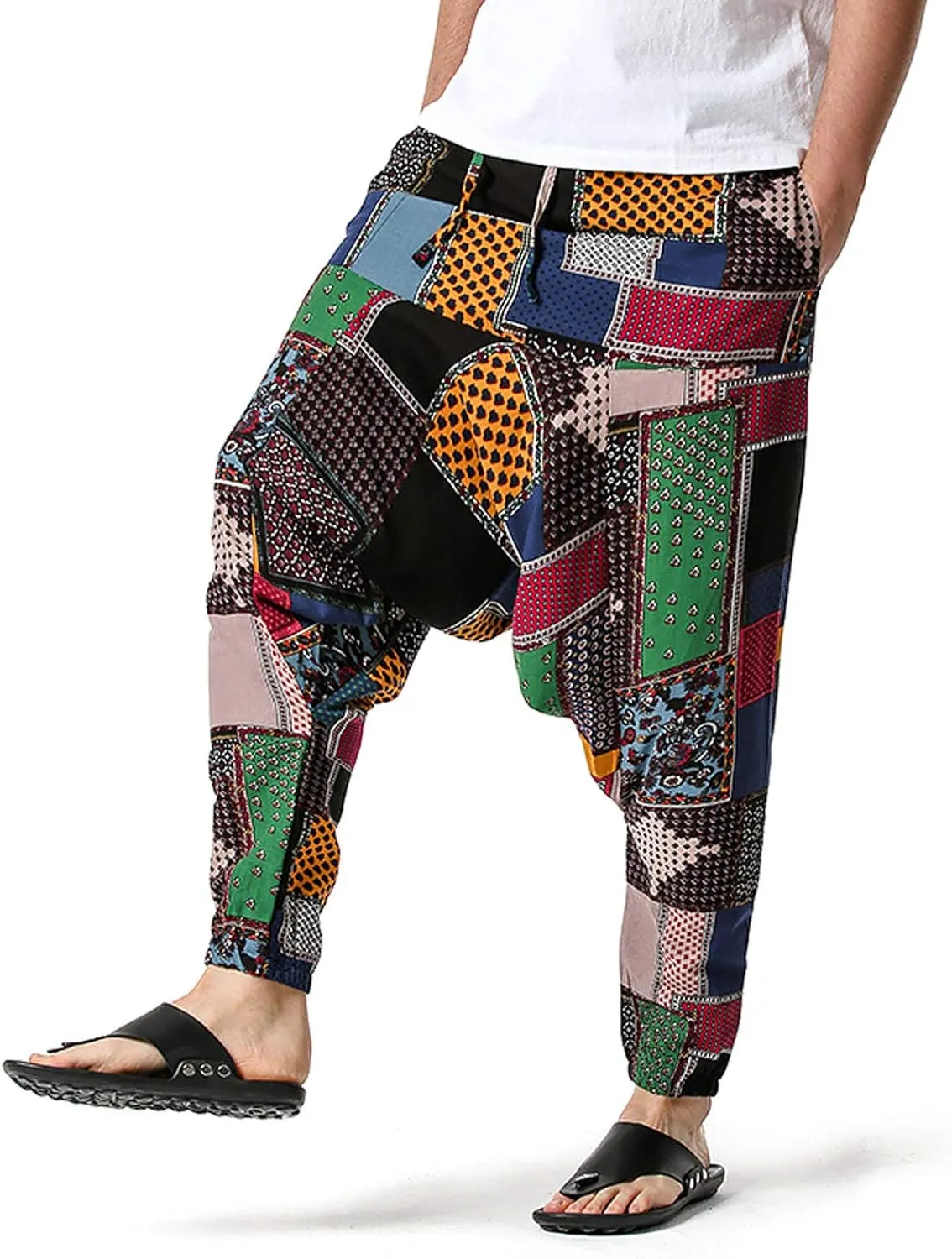 Alalaso Men's Linen Harem Pants Casual Elastic Waist Drawstring Drop Crotch Trouser Aladdin Hippie Summer Beach Yoga Pants
