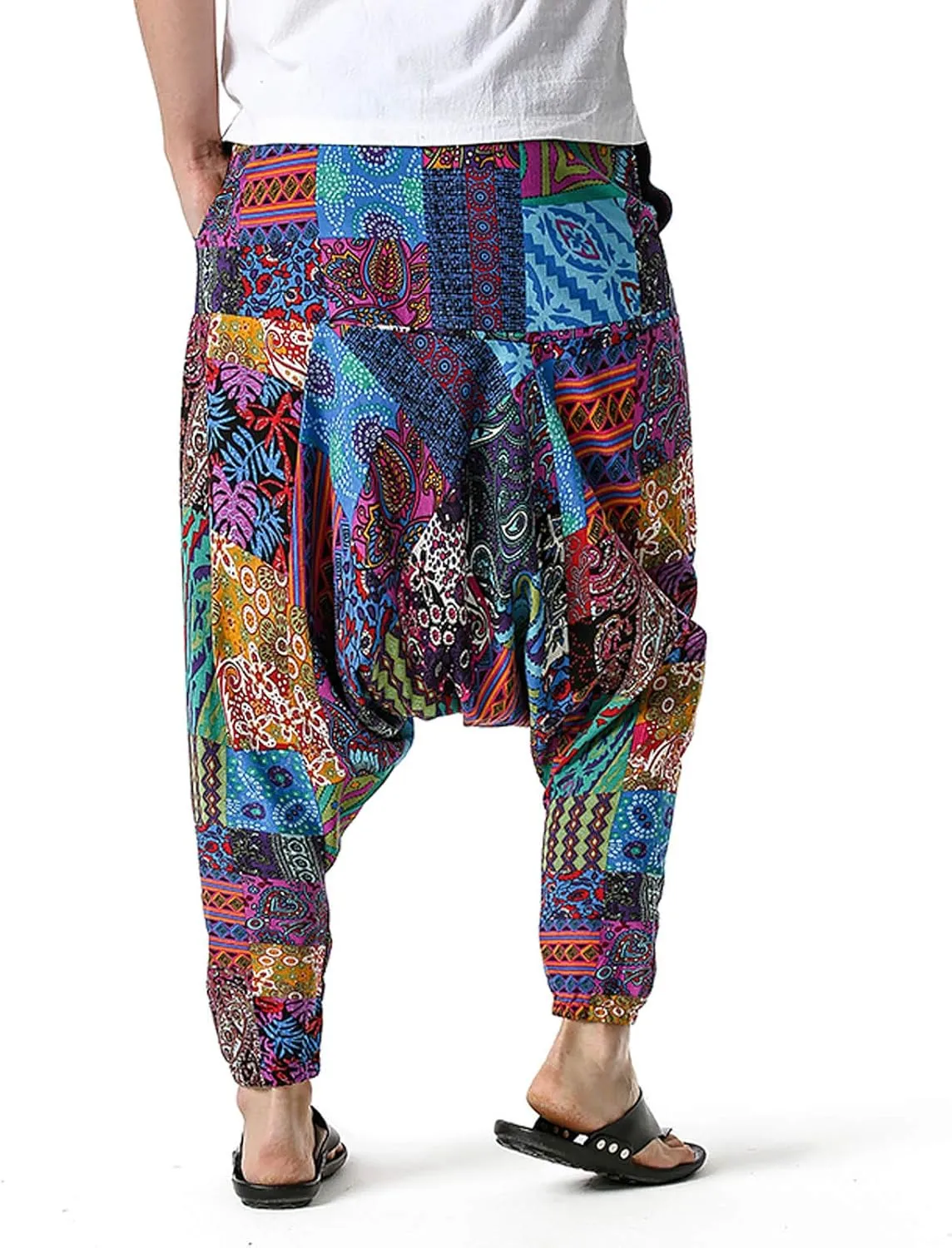 Alalaso Men's Linen Harem Pants Casual Elastic Waist Drawstring Drop Crotch Trouser Aladdin Hippie Summer Beach Yoga Pants
