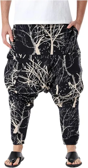 Alalaso Men's Linen Harem Pants Casual Elastic Waist Drawstring Drop Crotch Trouser Aladdin Hippie Summer Beach Yoga Pants