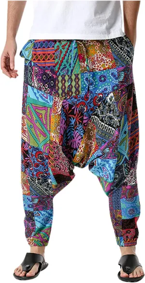 Alalaso Men's Linen Harem Pants Casual Elastic Waist Drawstring Drop Crotch Trouser Aladdin Hippie Summer Beach Yoga Pants