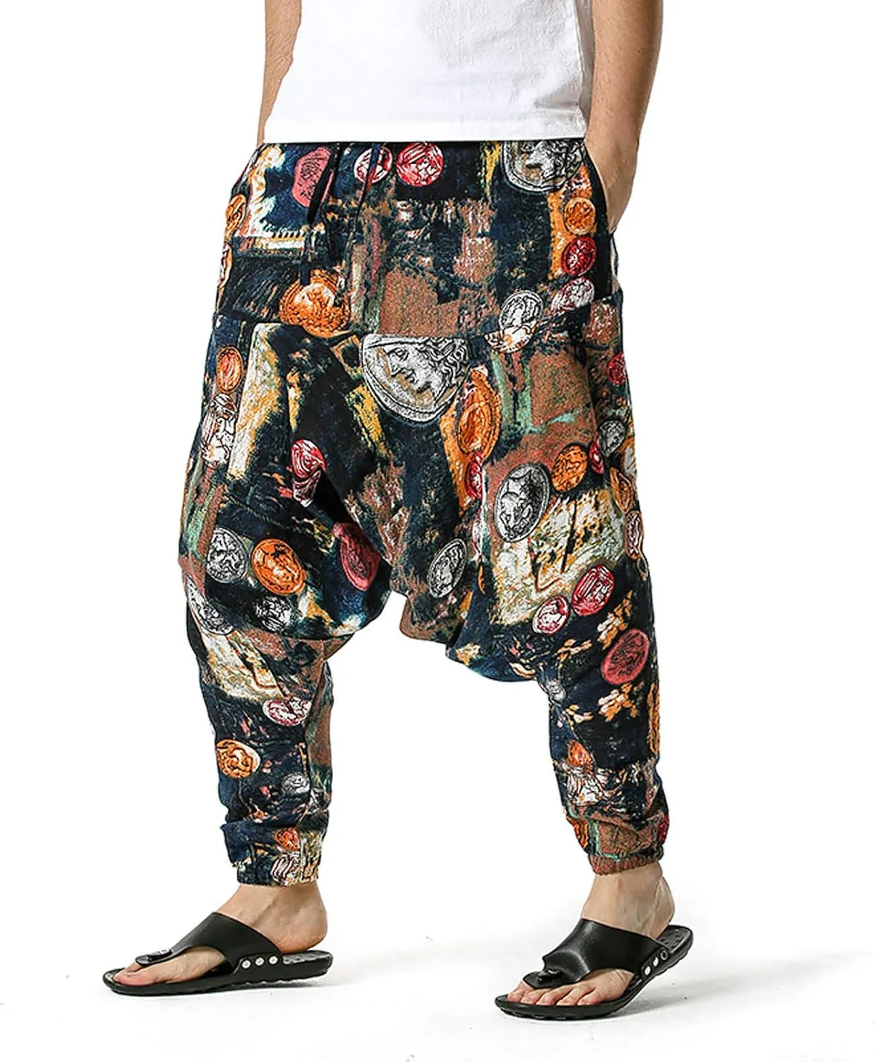 Alalaso Men's Linen Harem Pants Casual Elastic Waist Drawstring Drop Crotch Trouser Aladdin Hippie Summer Beach Yoga Pants