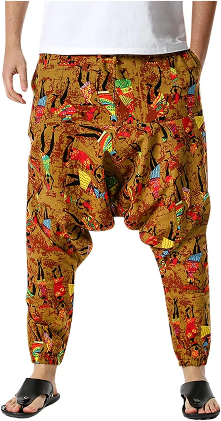 Alalaso Men's Linen Harem Pants Casual Elastic Waist Drawstring Drop Crotch Trouser Aladdin Hippie Summer Beach Yoga Pants