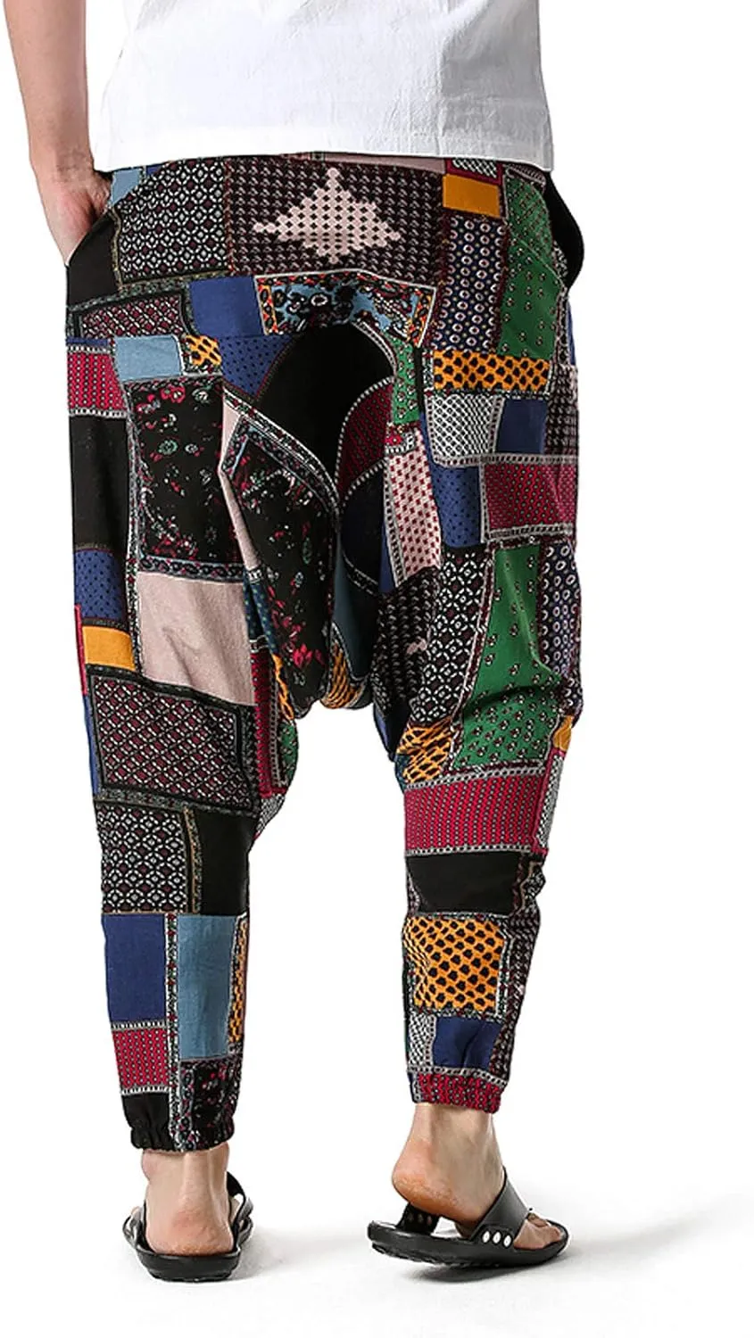 Alalaso Men's Linen Harem Pants Casual Elastic Waist Drawstring Drop Crotch Trouser Aladdin Hippie Summer Beach Yoga Pants