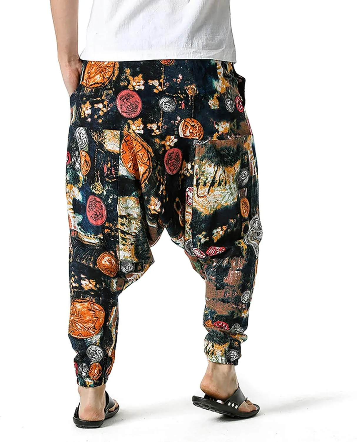Alalaso Men's Linen Harem Pants Casual Elastic Waist Drawstring Drop Crotch Trouser Aladdin Hippie Summer Beach Yoga Pants