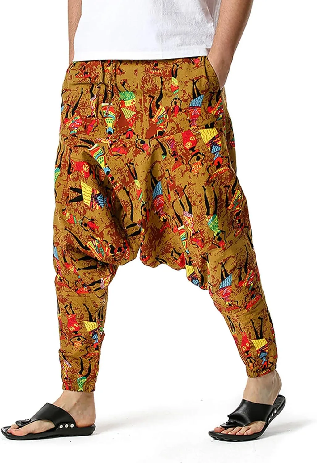 Alalaso Men's Linen Harem Pants Casual Elastic Waist Drawstring Drop Crotch Trouser Aladdin Hippie Summer Beach Yoga Pants