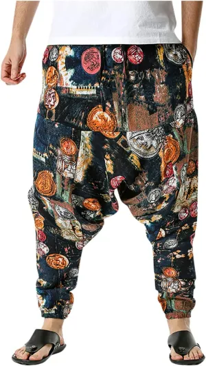 Alalaso Men's Linen Harem Pants Casual Elastic Waist Drawstring Drop Crotch Trouser Aladdin Hippie Summer Beach Yoga Pants
