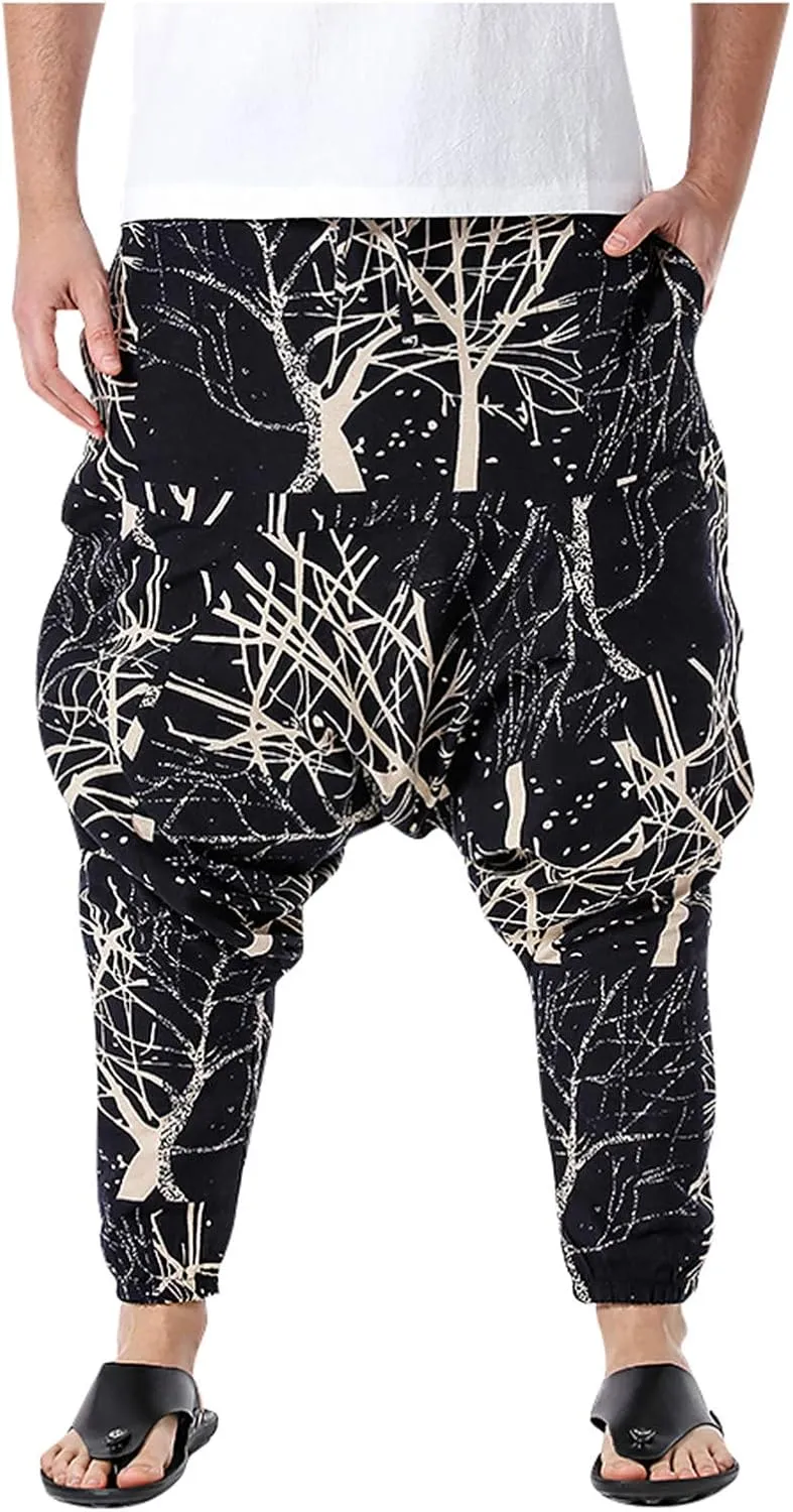Alalaso Men's Linen Harem Pants Casual Elastic Waist Drawstring Drop Crotch Trouser Aladdin Hippie Summer Beach Yoga Pants