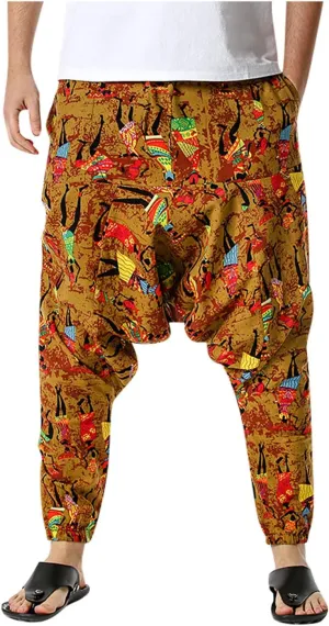 Alalaso Men's Linen Harem Pants Casual Elastic Waist Drawstring Drop Crotch Trouser Aladdin Hippie Summer Beach Yoga Pants