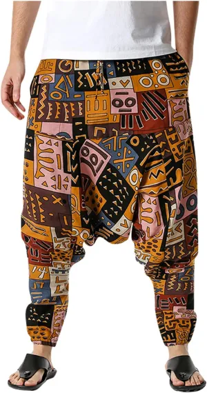Alalaso Men's Linen Harem Pants Casual Elastic Waist Drawstring Drop Crotch Trouser Aladdin Hippie Summer Beach Yoga Pants