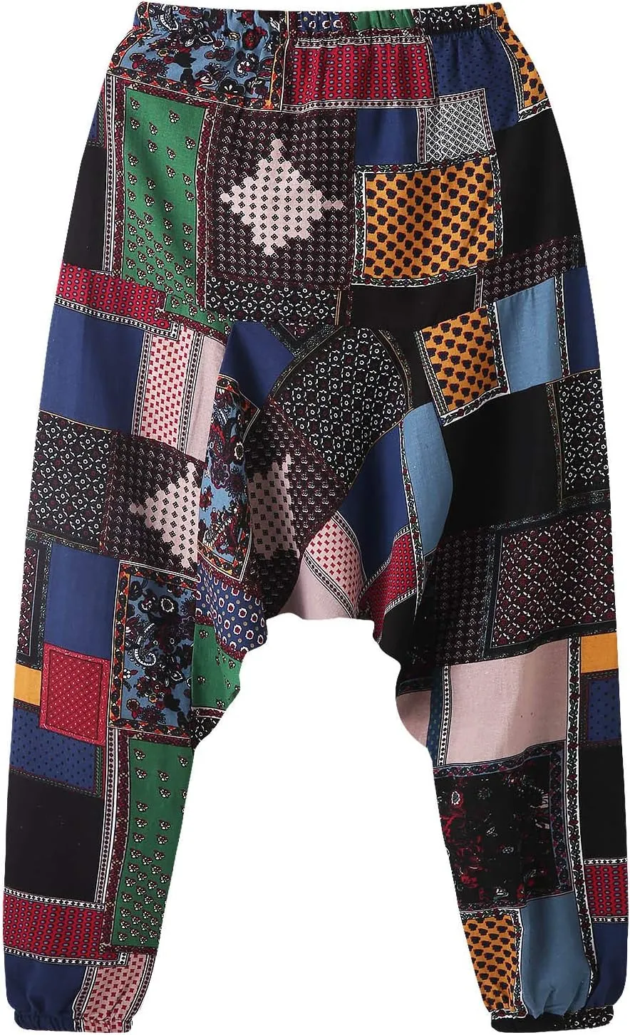 Alalaso Men's Linen Harem Pants Casual Elastic Waist Drawstring Drop Crotch Trouser Aladdin Hippie Summer Beach Yoga Pants