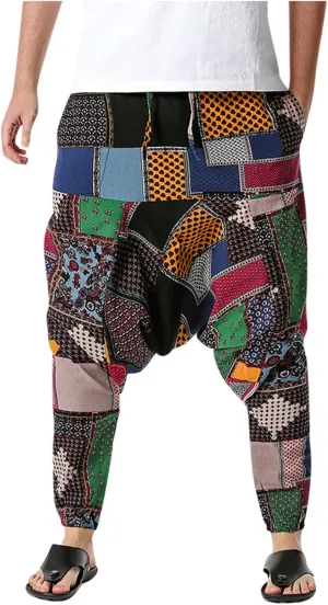 Alalaso Men's Linen Harem Pants Casual Elastic Waist Drawstring Drop Crotch Trouser Aladdin Hippie Summer Beach Yoga Pants