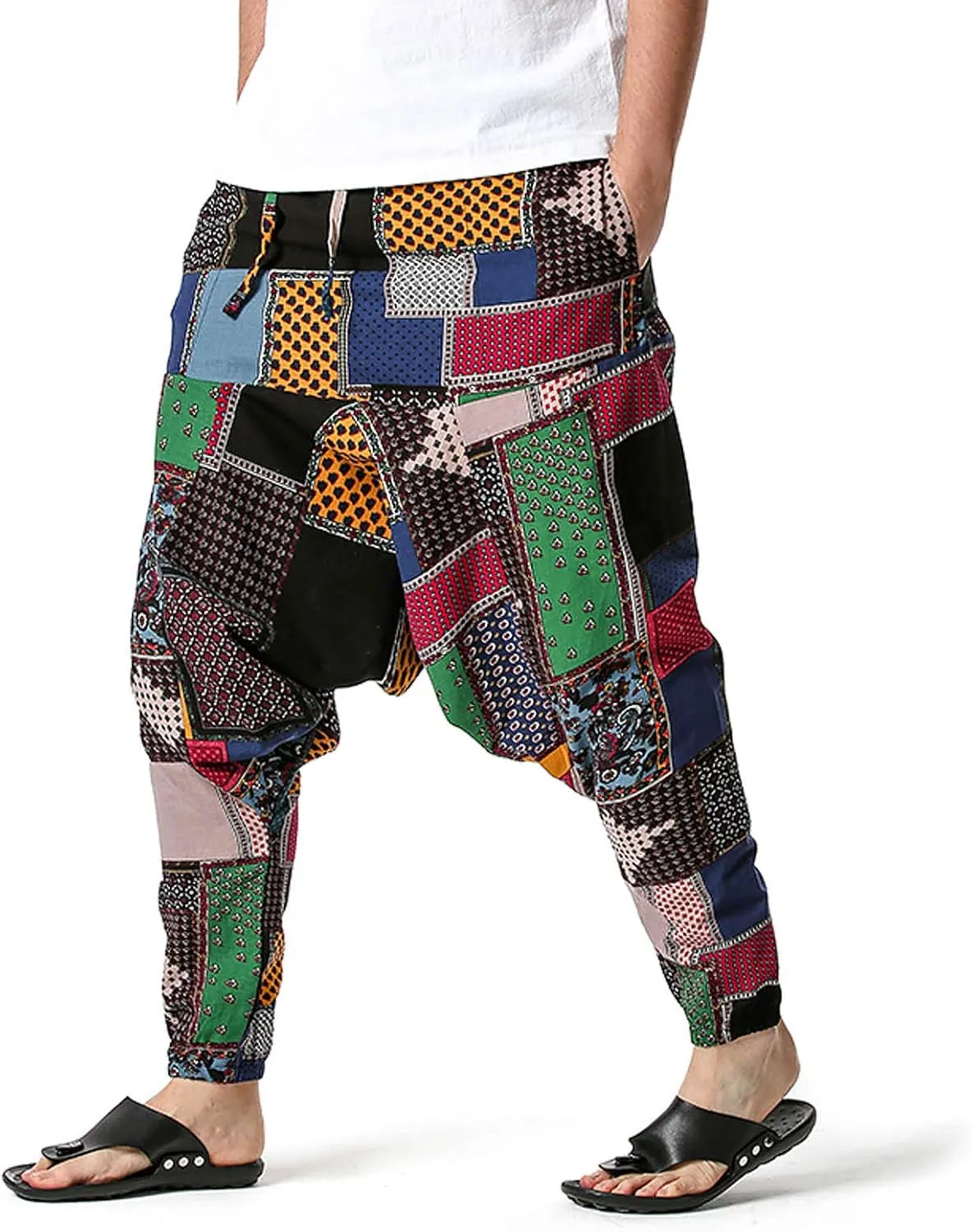 Alalaso Men's Linen Harem Pants Casual Elastic Waist Drawstring Drop Crotch Trouser Aladdin Hippie Summer Beach Yoga Pants