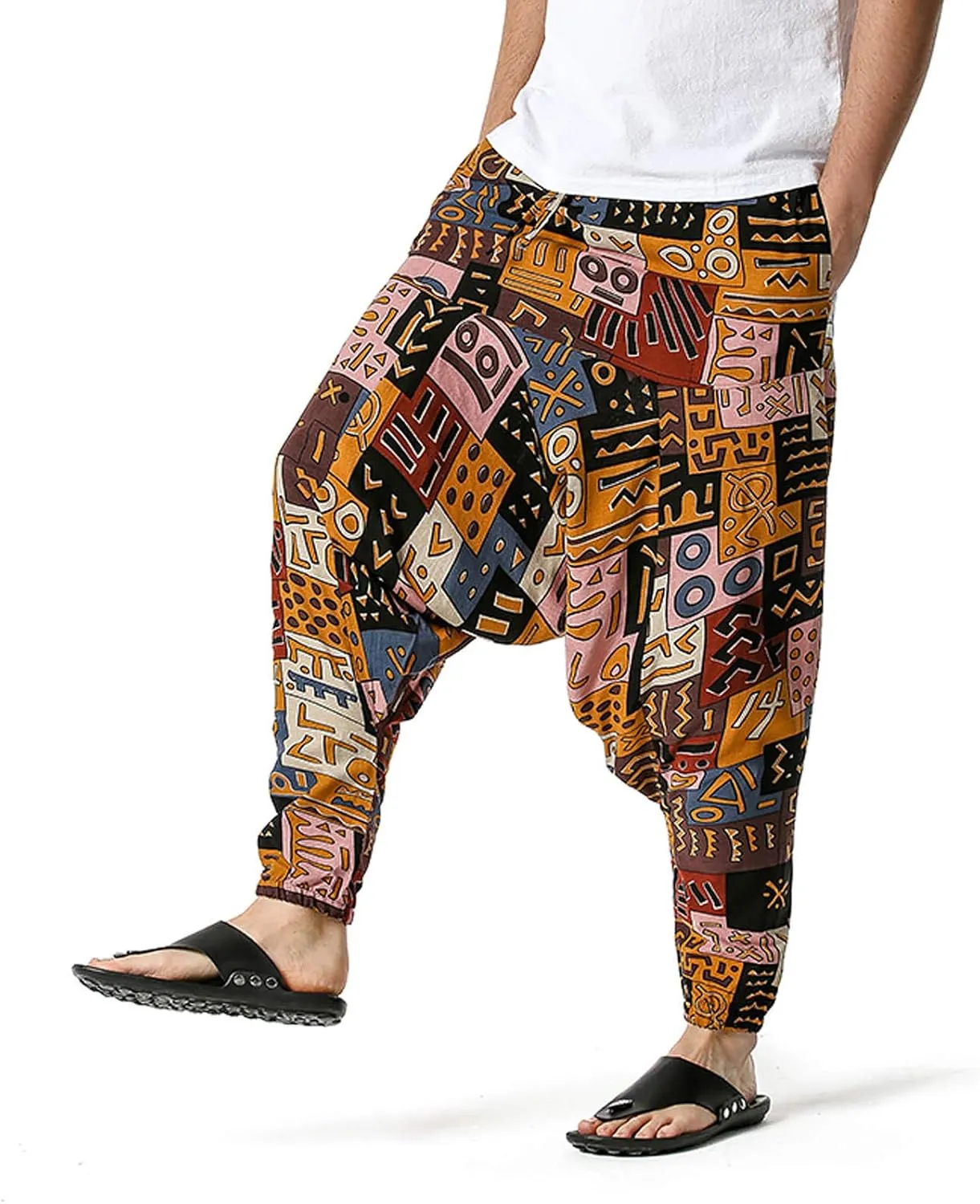Alalaso Men's Linen Harem Pants Casual Elastic Waist Drawstring Drop Crotch Trouser Aladdin Hippie Summer Beach Yoga Pants