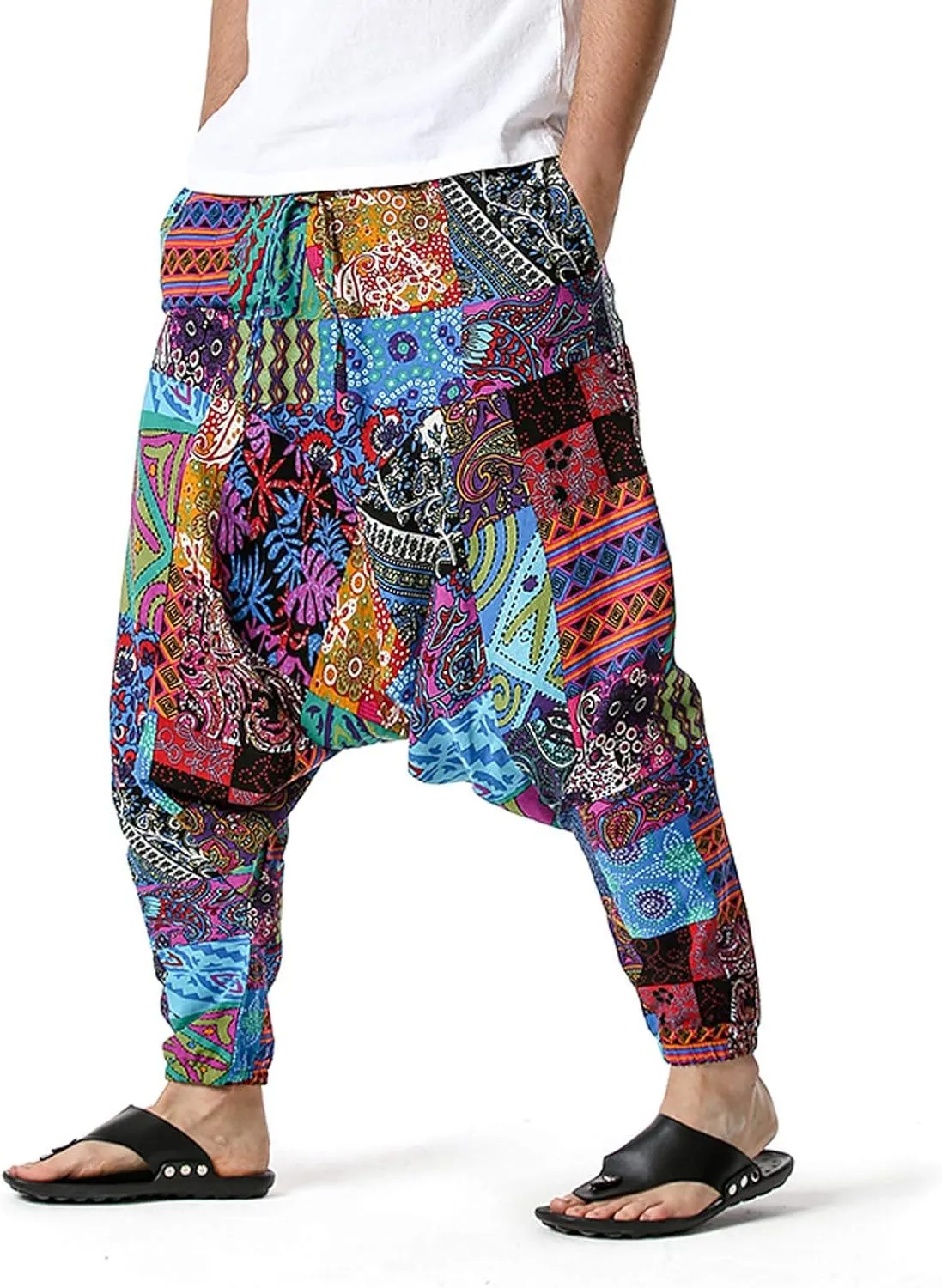 Alalaso Men's Linen Harem Pants Casual Elastic Waist Drawstring Drop Crotch Trouser Aladdin Hippie Summer Beach Yoga Pants