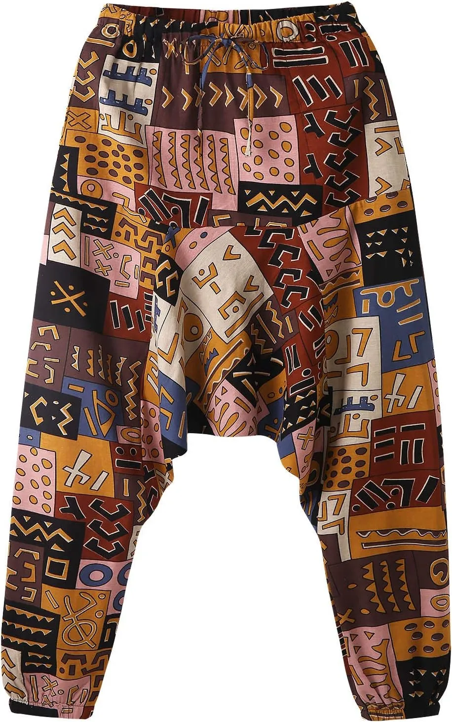 Alalaso Men's Linen Harem Pants Casual Elastic Waist Drawstring Drop Crotch Trouser Aladdin Hippie Summer Beach Yoga Pants