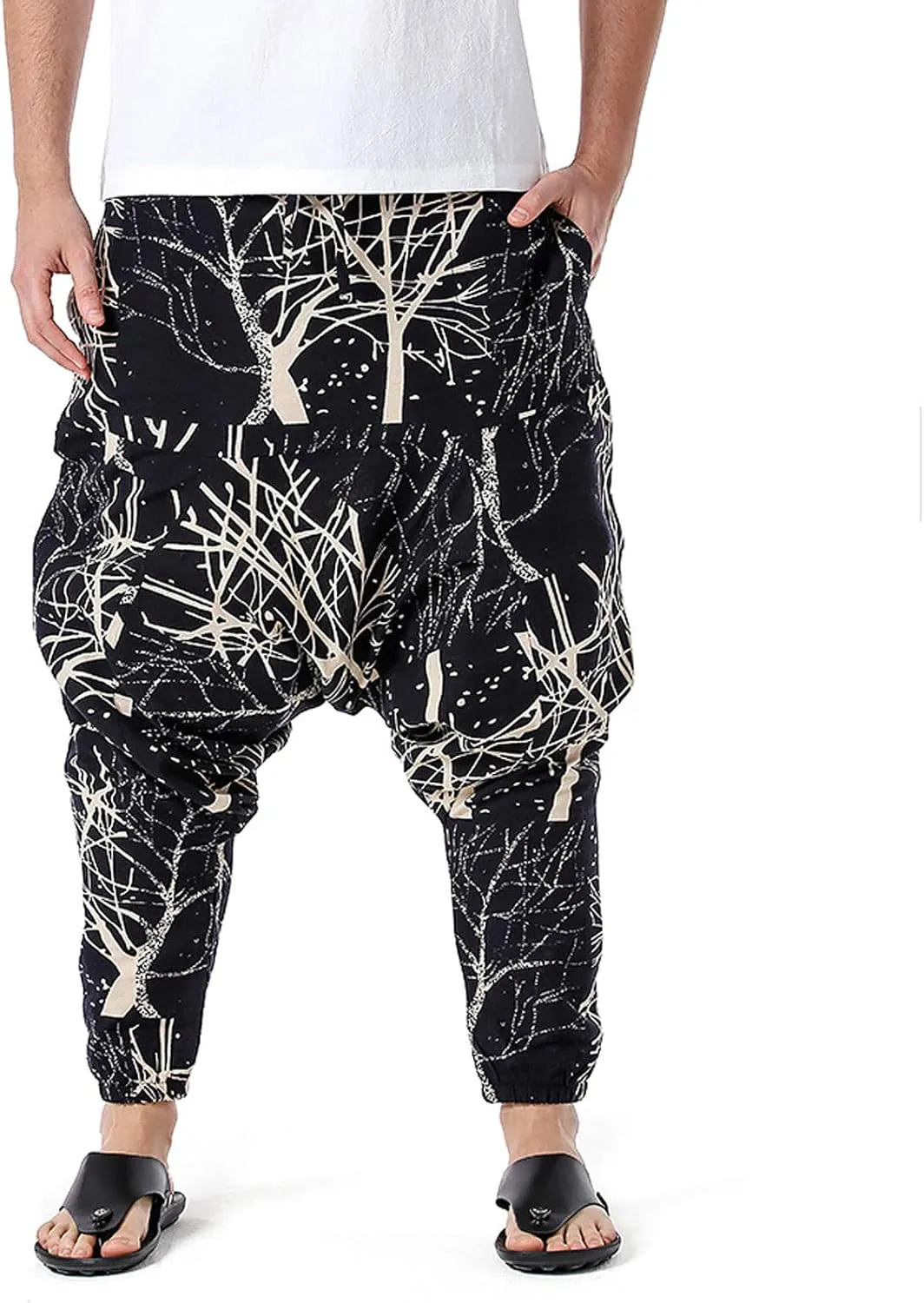Alalaso Men's Linen Harem Pants Casual Elastic Waist Drawstring Drop Crotch Trouser Aladdin Hippie Summer Beach Yoga Pants