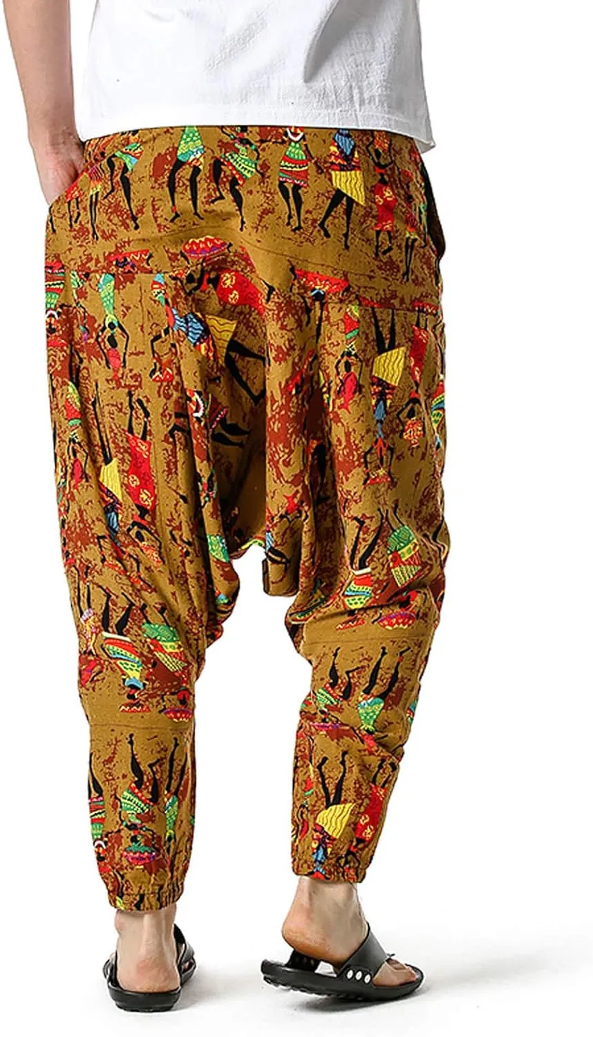 Alalaso Men's Linen Harem Pants Casual Elastic Waist Drawstring Drop Crotch Trouser Aladdin Hippie Summer Beach Yoga Pants