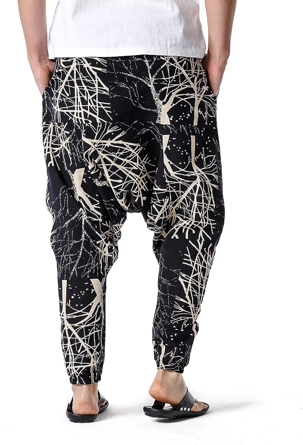 Alalaso Men's Linen Harem Pants Casual Elastic Waist Drawstring Drop Crotch Trouser Aladdin Hippie Summer Beach Yoga Pants