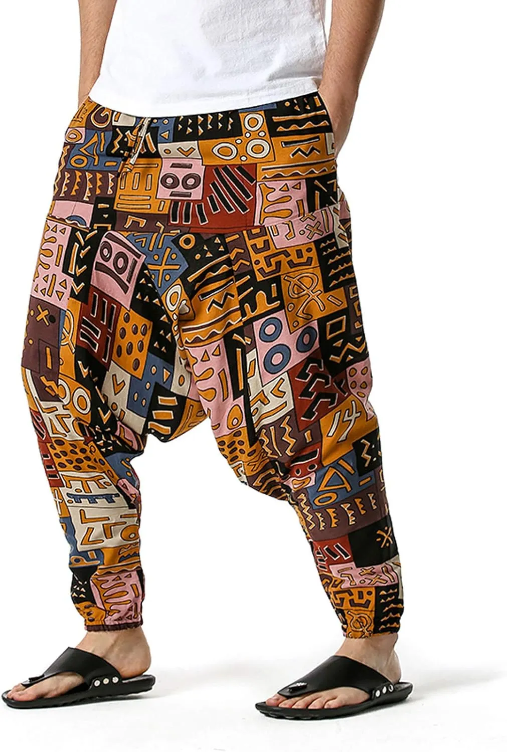 Alalaso Men's Linen Harem Pants Casual Elastic Waist Drawstring Drop Crotch Trouser Aladdin Hippie Summer Beach Yoga Pants