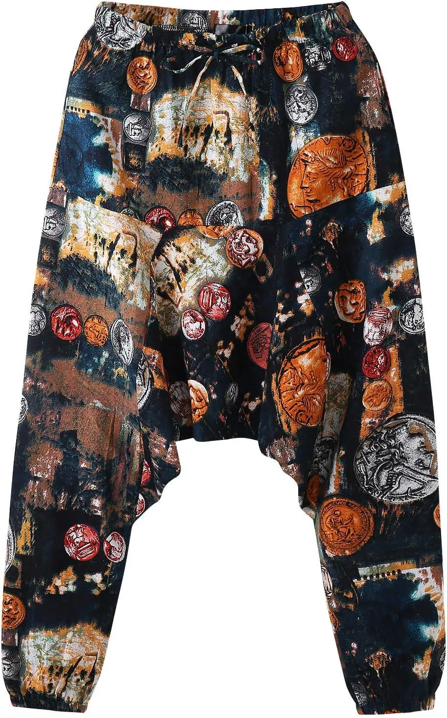 Alalaso Men's Linen Harem Pants Casual Elastic Waist Drawstring Drop Crotch Trouser Aladdin Hippie Summer Beach Yoga Pants