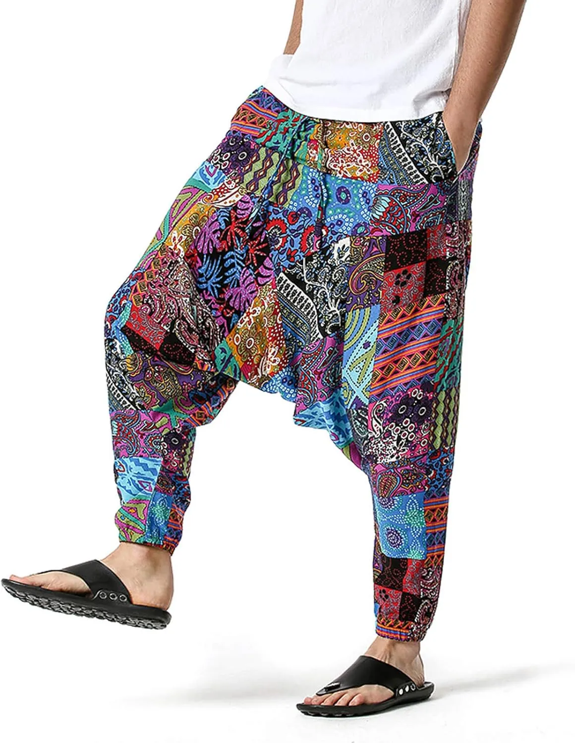Alalaso Men's Linen Harem Pants Casual Elastic Waist Drawstring Drop Crotch Trouser Aladdin Hippie Summer Beach Yoga Pants