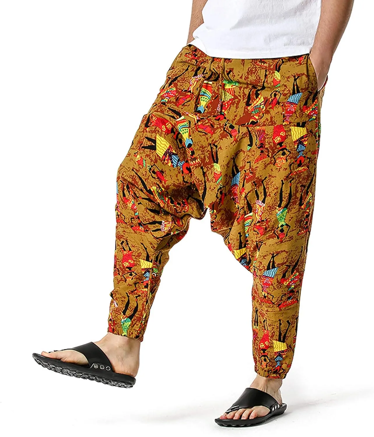 Alalaso Men's Linen Harem Pants Casual Elastic Waist Drawstring Drop Crotch Trouser Aladdin Hippie Summer Beach Yoga Pants
