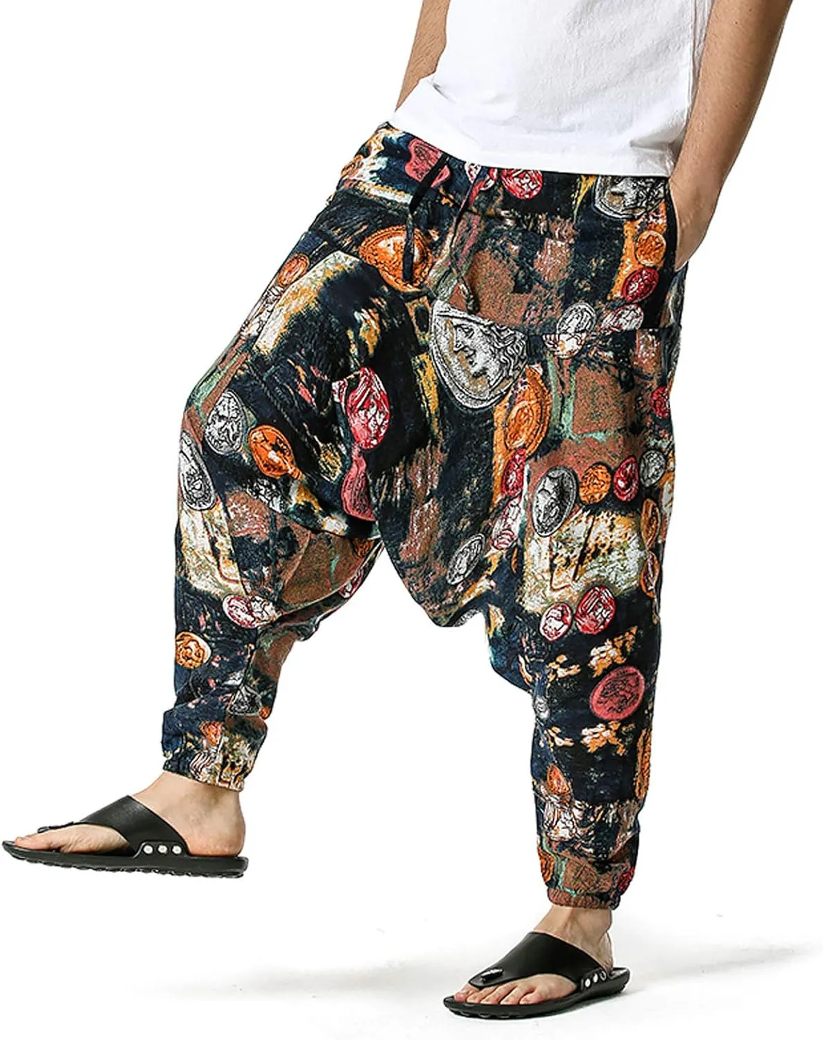 Alalaso Men's Linen Harem Pants Casual Elastic Waist Drawstring Drop Crotch Trouser Aladdin Hippie Summer Beach Yoga Pants
