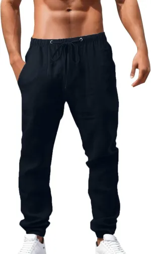 Alalaso Mens Long Pants Drawstring Stretch Trendy Cotton Linen Casual Summer Wicking Breathable Solid Color Beach Trousers