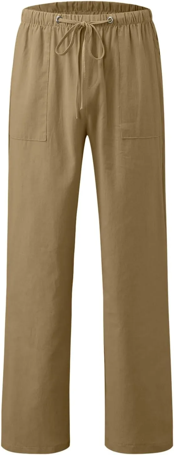 Alalaso Mens Long Pants Drawstring Stretch Trendy Cotton Linen Casual Summer Wicking Breathable Solid Color Beach Trousers