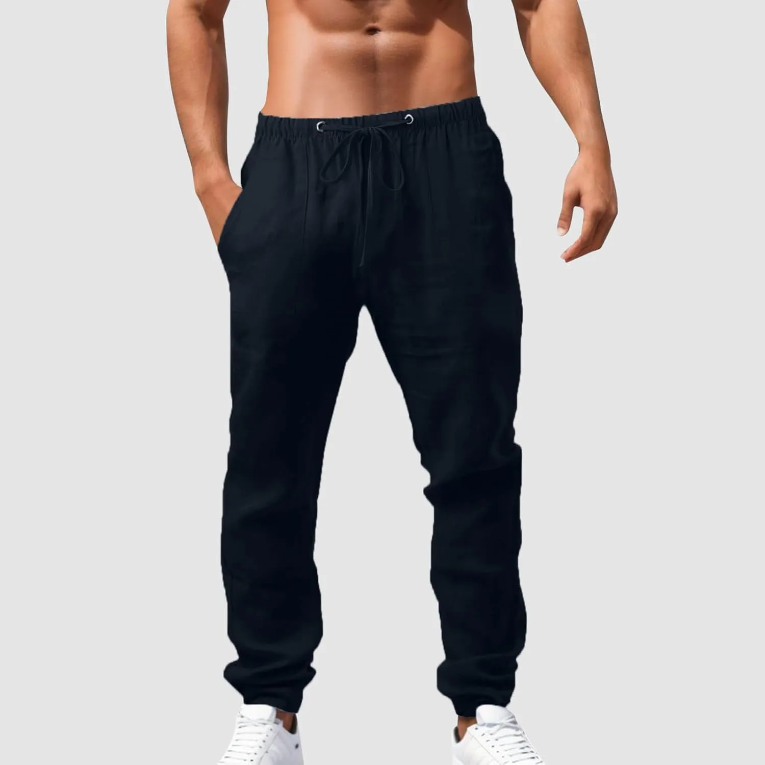 Alalaso Mens Long Pants Drawstring Stretch Trendy Cotton Linen Casual Summer Wicking Breathable Solid Color Beach Trousers