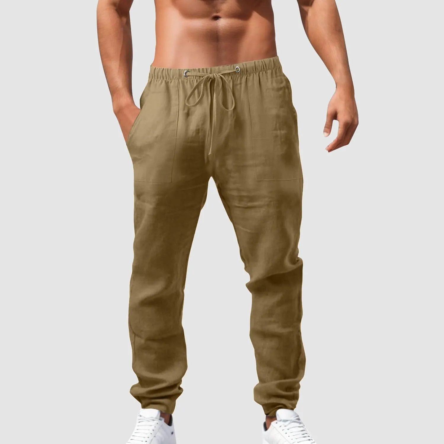 Alalaso Mens Long Pants Drawstring Stretch Trendy Cotton Linen Casual Summer Wicking Breathable Solid Color Beach Trousers