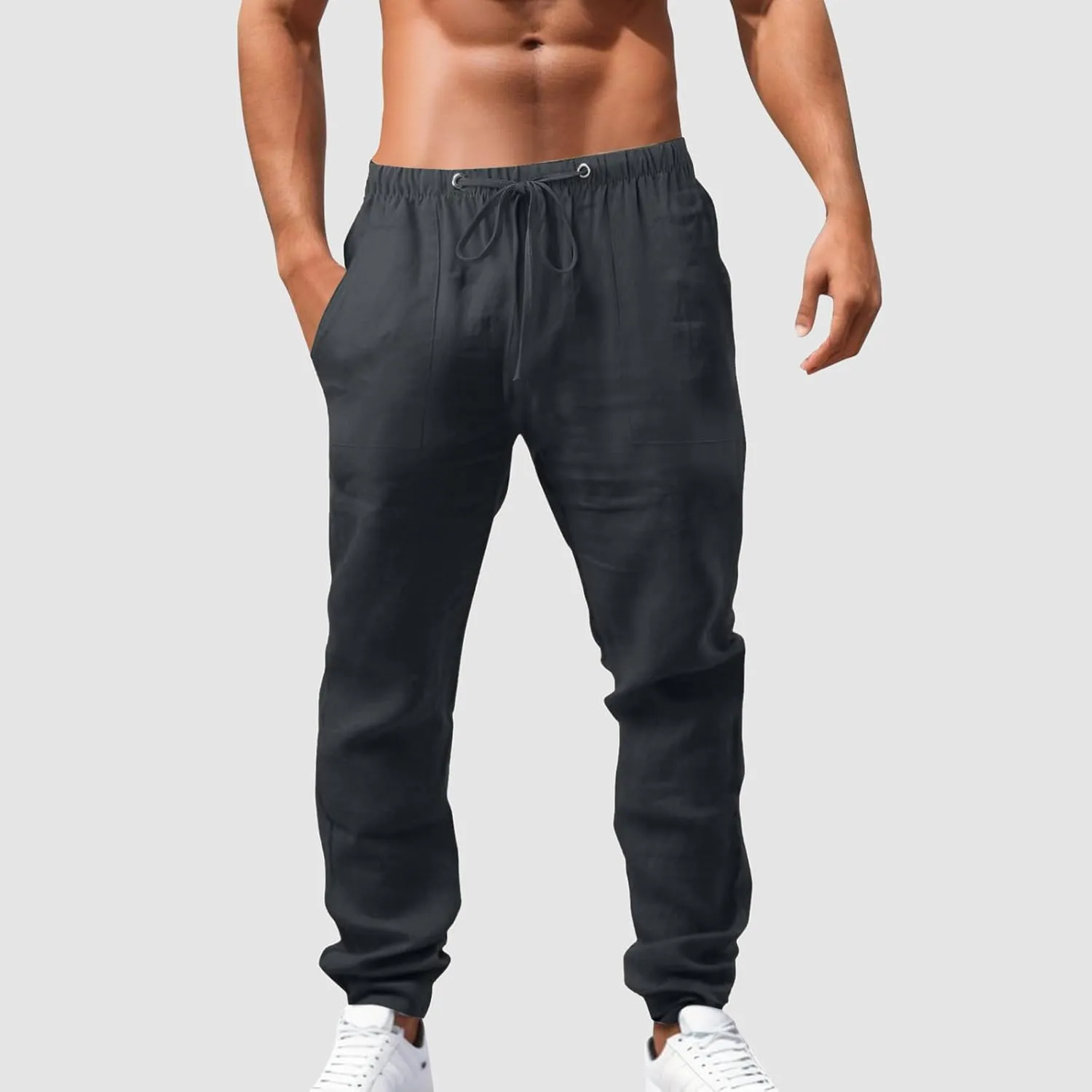 Alalaso Mens Long Pants Drawstring Stretch Trendy Cotton Linen Casual Summer Wicking Breathable Solid Color Beach Trousers