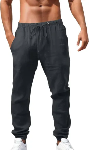 Alalaso Mens Long Pants Drawstring Stretch Trendy Cotton Linen Casual Summer Wicking Breathable Solid Color Beach Trousers