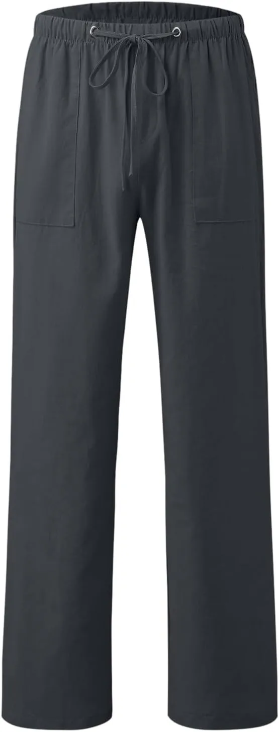 Alalaso Mens Long Pants Drawstring Stretch Trendy Cotton Linen Casual Summer Wicking Breathable Solid Color Beach Trousers