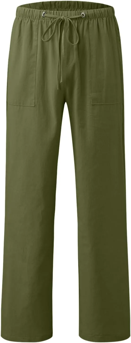Alalaso Mens Long Pants Drawstring Stretch Trendy Cotton Linen Casual Summer Wicking Breathable Solid Color Beach Trousers