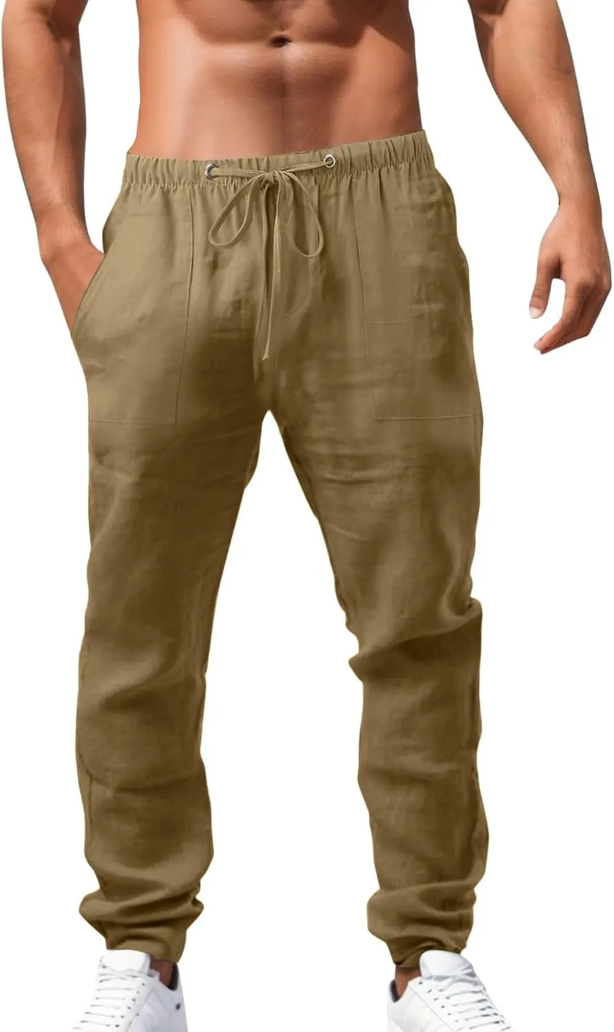Alalaso Mens Long Pants Drawstring Stretch Trendy Cotton Linen Casual Summer Wicking Breathable Solid Color Beach Trousers