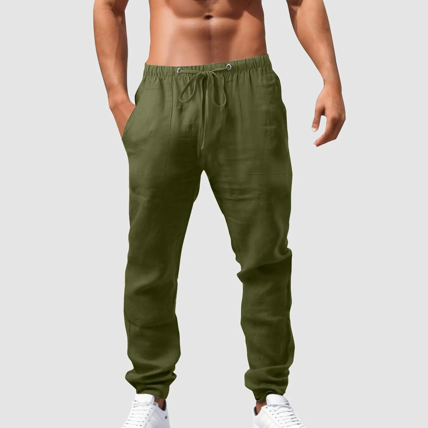 Alalaso Mens Long Pants Drawstring Stretch Trendy Cotton Linen Casual Summer Wicking Breathable Solid Color Beach Trousers