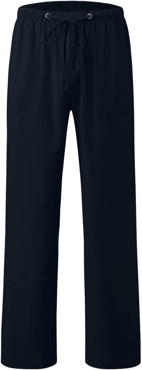 Alalaso Mens Long Pants Drawstring Stretch Trendy Cotton Linen Casual Summer Wicking Breathable Solid Color Beach Trousers